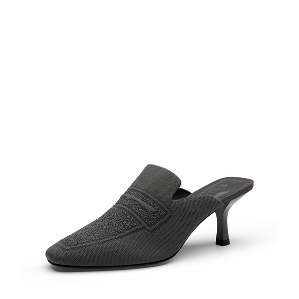 Knitted Upper Kitten Low Heel Mules - DARK GREY KNITTING -  0